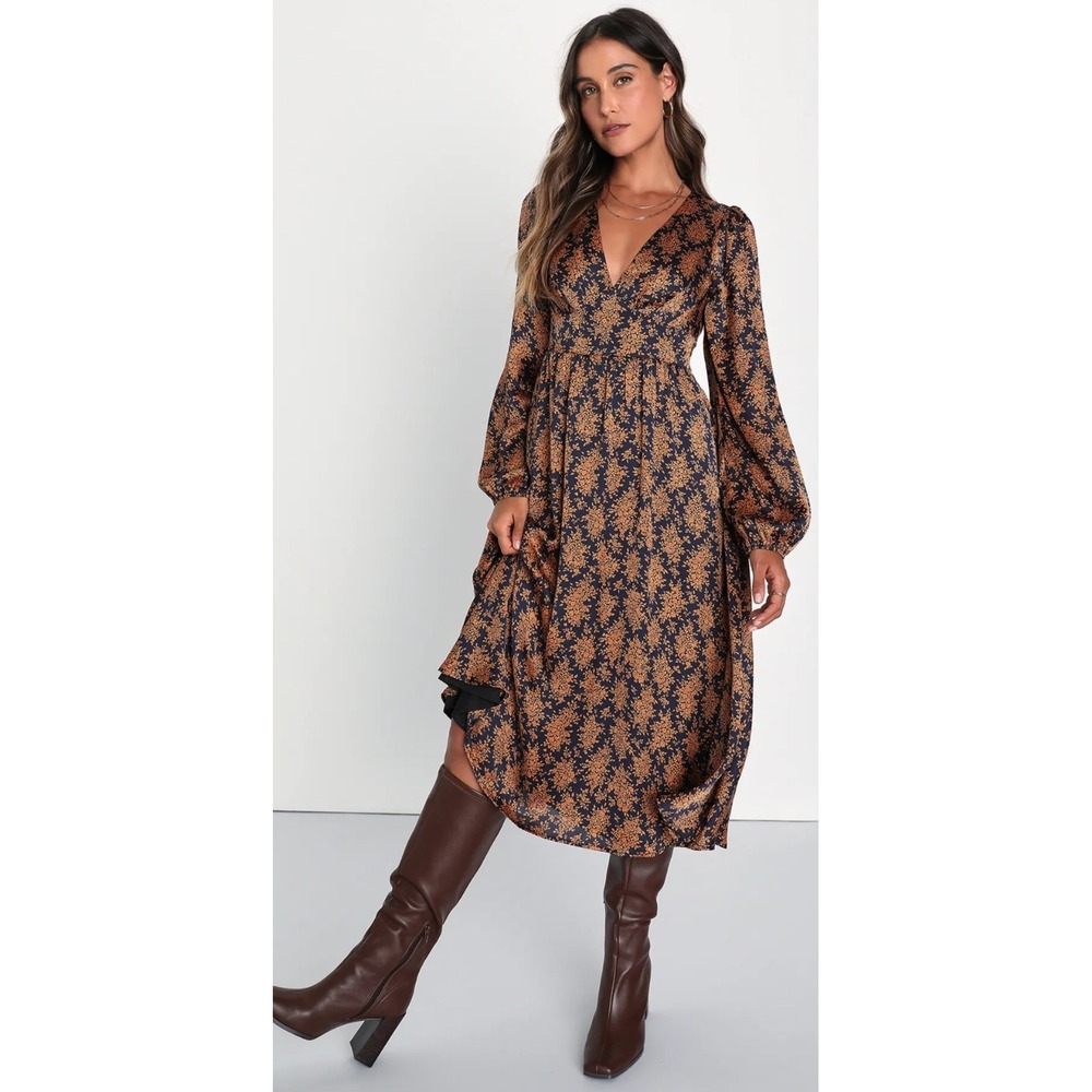 Lulus Rust Orange Floral Satin Long Sleeve Midi Dress Womens Size M